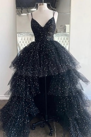 High Low Spaghetti Straps Black Long Prom Dress with Ruffles VK23101006