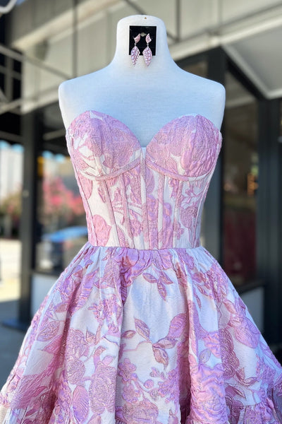 Strapless Blue Floral A-line Short Dress