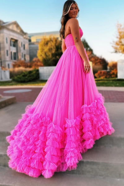 Pink Sweetheart Tiered Tulle Long Prom Dresses VK23121404