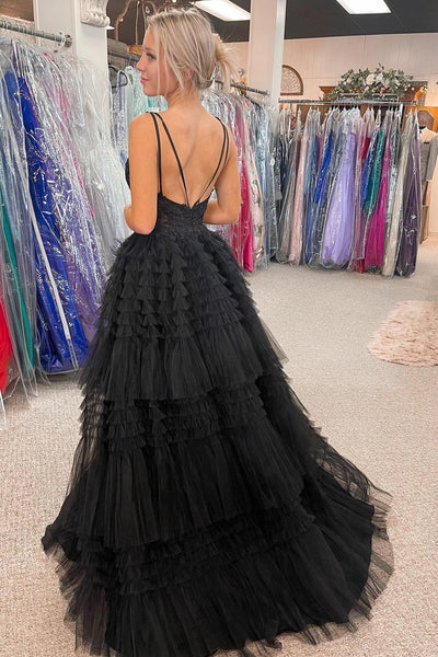 High-Low Tulle Plunge V Tiered Formal Gown with Ruffles VK23093008