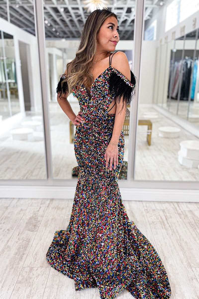 Purple Iridescent Sequin Feather Cold-Shoulder Cutout Mermaid Long Dress VK23121201