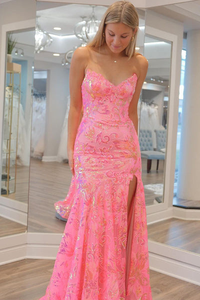 Mermaid Strapless Pink Sequin Lace Long Prom Dresses VK24012804