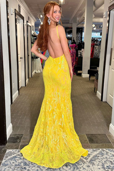 Mermaid V Neck Yellow Sequins Lace Backless Long Prom Dresses VK24021802