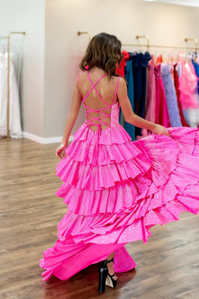 Cute Sparkly A Line V Neck Pink Tiered Long Prom Dress with Hot Stone VK25052503
