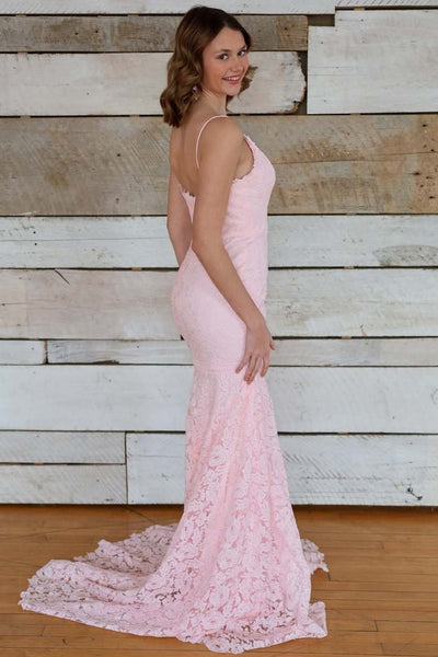 Elegant Mermaid Spaghetti Straps V Neck Pink Lace Prom Dresses VK26020502
