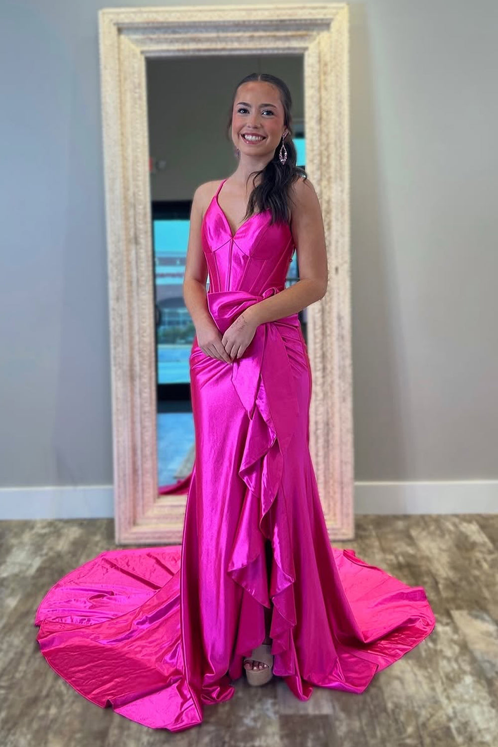 Mermaid V Neck Pink Satin Long Prom Dresses with Ruffle Slit VK25031505