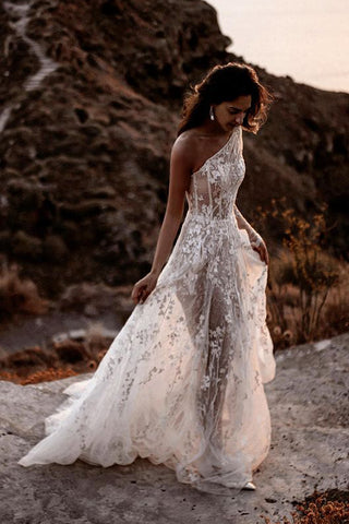 Charming A-Line One Shoulder White Lace Beach Wedding Dresses with Slit VK25111501