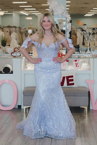 Mermaid Off the Shoulder Lilac Sequins Long Prom Dresses VK25031106