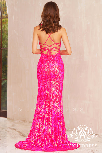 Fuchsia Sequins Lace Mermaid Long Prom Dress with Slit VK23121904