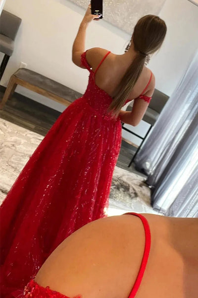 Red A-Line Off the Shoulder Sequin Lace Prom Dresses VK23101601