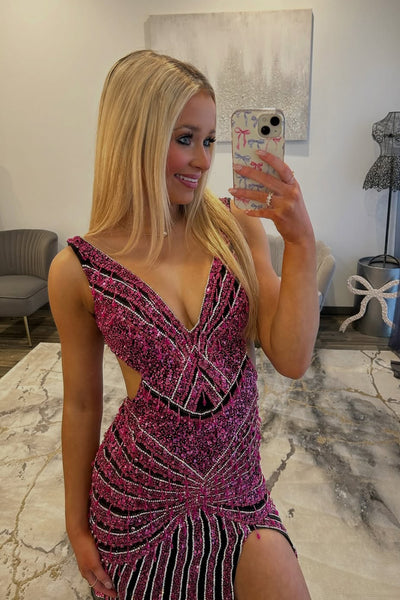 Luxurious Mermaid V Neck Sequins Cutout Backless Long Prom Dresses with Slit VK26021001