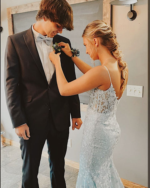 Cute Mermaid V Neck Light Blue Lace Long Prom Dresses with Appliques VK23061104