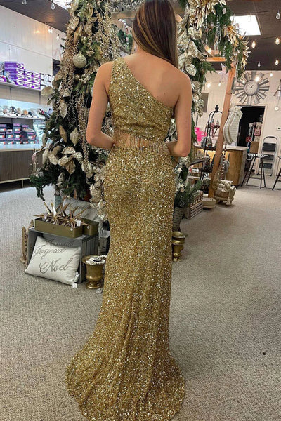 Mermaid One Shoulder Blue Sequins Long Prom Dress with Split Front VK23092910