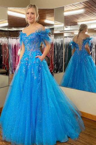 Blue Tulle Feather Off-the-Shoulder Lace-Up A-Line Long Prom Dress VK23110106