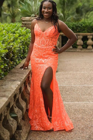 Sparkly Mermaid V Neck Orange Lace Sequins Long Prom Dresses with Slit VK23052207