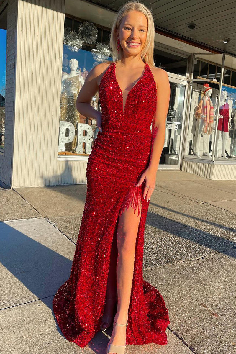 Sparkly Mermaid V Neck Red Sequins Long Prom Dresses with Beading VK112305