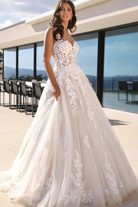 Chamring A Line V Neck Tulle Long Wedding Dresses with Appliques VK23052201