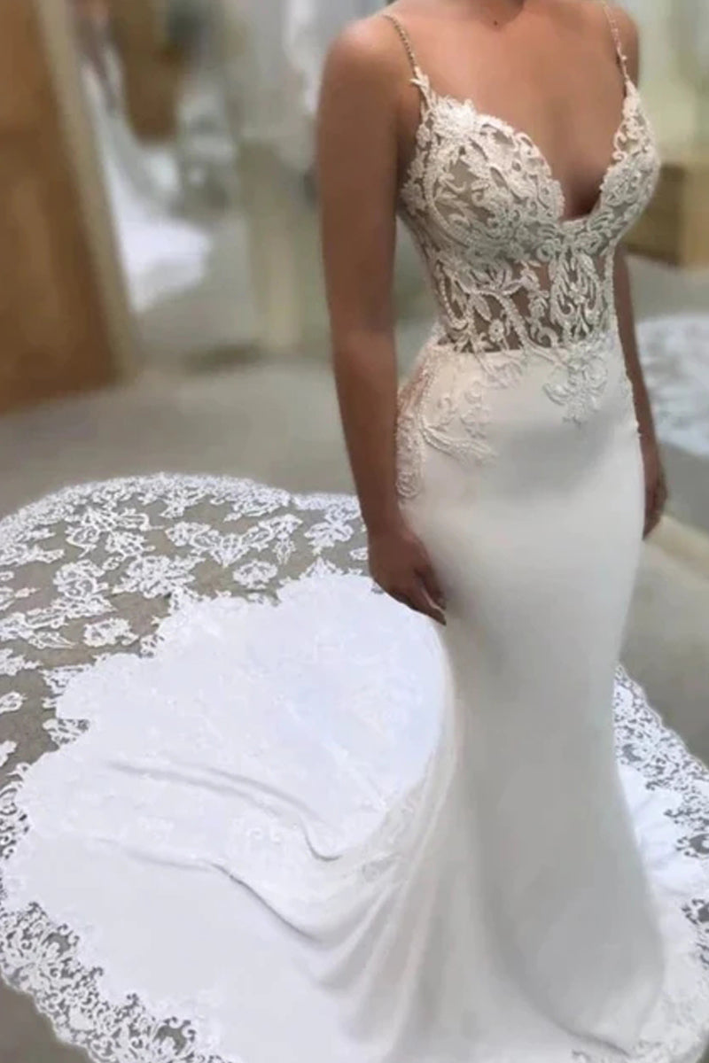 Free Shipping Sexy Spaghetti Straps V neck White Mermaid Wedding Dress, Appliques Bridal Dresses VK0119006
