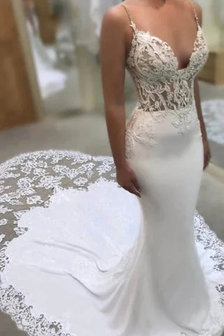 Free Shipping Sexy Spaghetti Straps V neck White Mermaid Wedding Dress, Appliques Bridal Dresses VK0119006