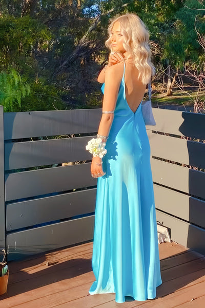 Blue Spaghetti Straps Cowl Neck Slit Prom Dress