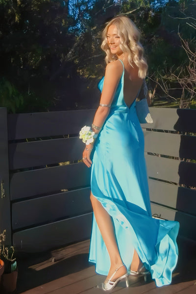 Blue Spaghetti Straps Cowl Neck Slit Prom Dress