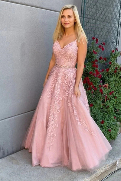 A Line V Neck Two Pieces Lace Appliques Pink Prom Dresses Evening Dresses VK0119038