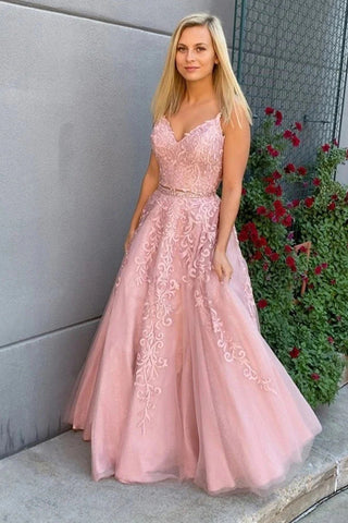 A Line V Neck Two Pieces Lace Appliques Pink Prom Dresses Evening Dresses VK0119038