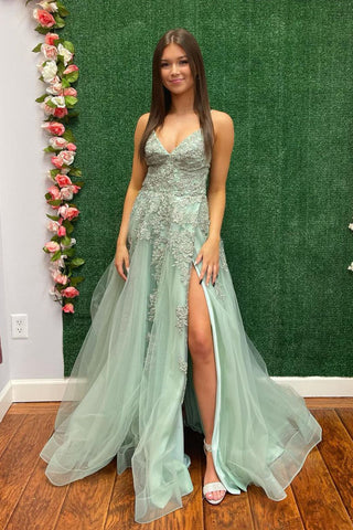 Cute A Line V Neck Sage Green Tulle Prom Dresses with Appliques VK3010302