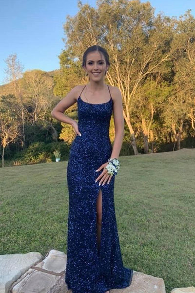 Sparkly Mermaid Scoop Neck Navy Sequins Long Prom Dresses with Slit VK111501
