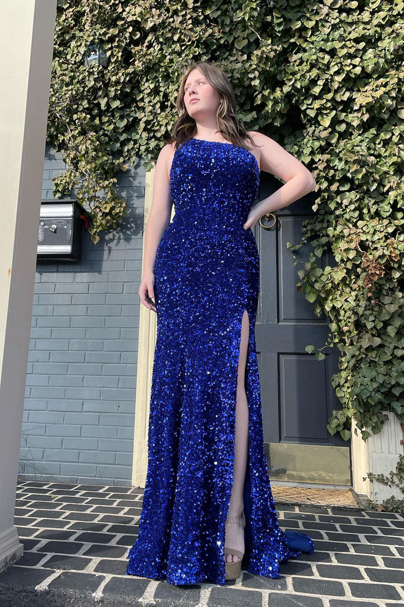 Beautiful Mermaid One Shoulder Royal Blue Sequins Long Prom Dresses with Slit VK22022303