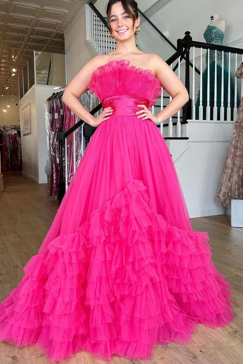 Cute A Line Strapless Hot Pink Tulle Long Prom Dresses VK23051102