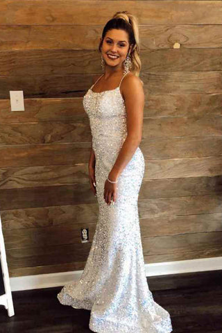 Elegant Mermaid Straps Sequins White Long Prom Dresses VK0205003