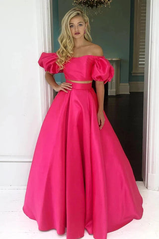 Off the Shoulder 2 Pieces Hot Pink Long Prom Dresses, Off Shoulder Hot Pink Formal Dresses, Hot Pink Evening Dresses VK0509005