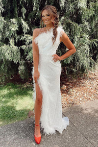 Sparkly Mermaid One Shoulder White Sequins Long Prom Dresses with Slit VK23050809