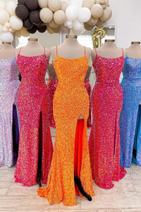 Sparkly Mermaid Scoop Neck Sequins Prom Dresses with Slit VK120702