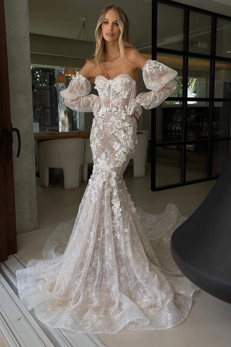 Gorgeous Mermaid Sweetheart Lace Wedding Dresses with Ruffled Sleeves VK23060501