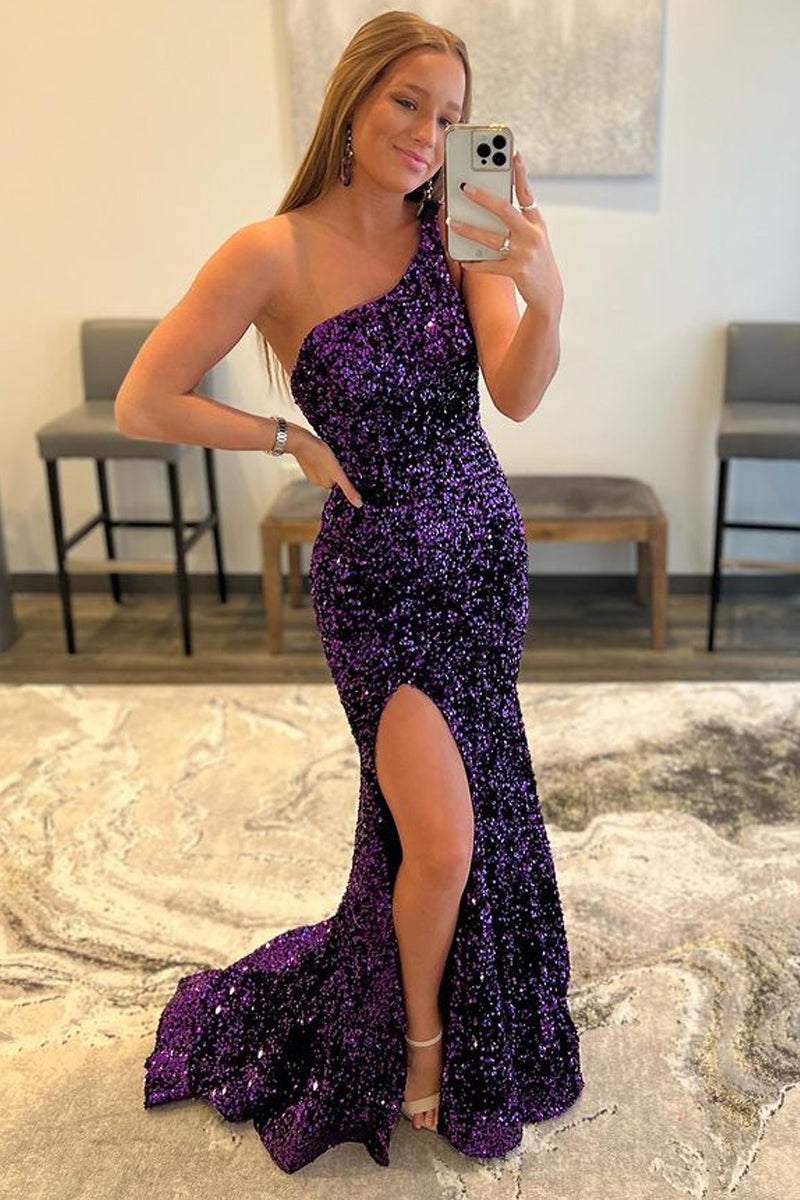 Unique Mermaid One Shoulder Purple Sequins Long Prom Evening Dresses with Side Slit VK22022305