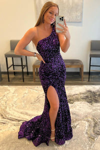Unique Mermaid One Shoulder Purple Sequins Long Prom Evening Dresses with Side Slit VK22022305