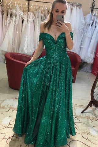 Off Shoulder Bling Bling Green Sequins Long Prom Dress, Off the Shoulder Green Formal Dress, Shiny Green Evening Dress VK0810003