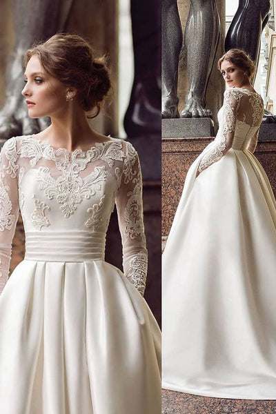 Gorgeous A-Line Long Sleeves Ivory Satin Wedding Dress with Appliques VK210428002