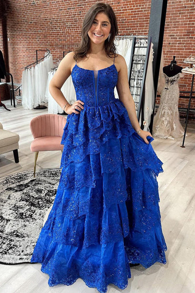 Royal Blue Straps Tiered A-Line Prom Dress with Sequins VK23110303