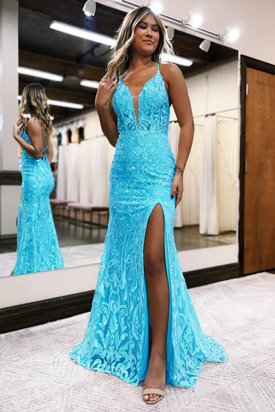Cute Mermaid V Neck Blue Sequins Slit Prom Dress Party Dresses VK26031502