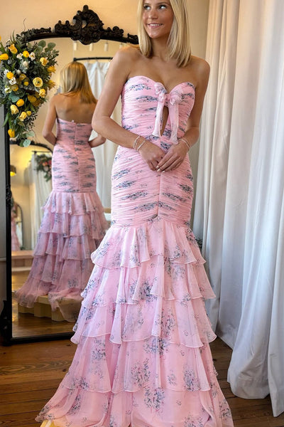 Cute Mermaid Sweetheart Pink Floral Chiffon Prom Dress VK030501