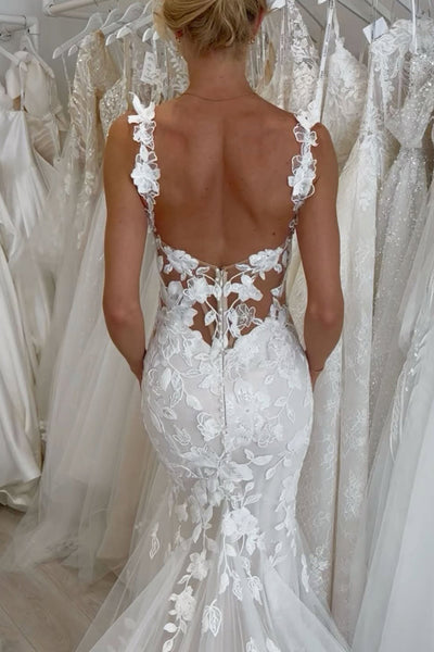 Elegant Mermaid Square Neck Lace Wedding Dress with Appliques VK061501