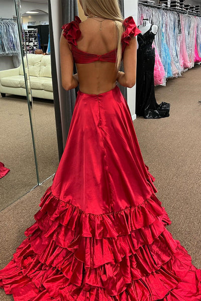 Flowy Red Cutout Ruffle A-Line Long Prom Dress with Slit VK23112106