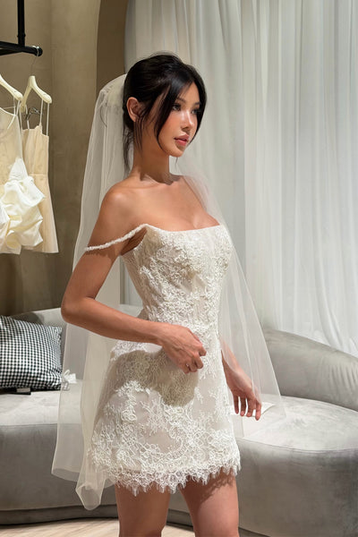 Cute A-Line Off the Shoulder Lace Short Wedding Dresses VK26103009