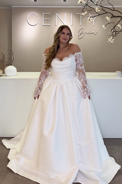 A-Line Off the Shoulder Long Sleeves Lace Satin Plus Size Wedding Dresses VK26103007