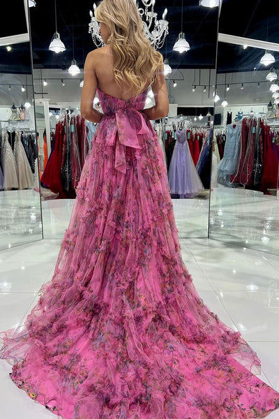 A-Line Strapless Floral Printed Chiffon Long Spring Prom Dresses VK23111804