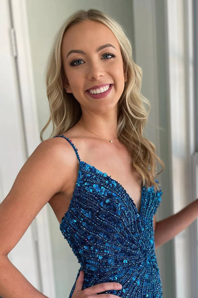 Sparkly Blue Beaded Lace-Up Back Tight Short Homecoming Dress with Fringes VK23092209