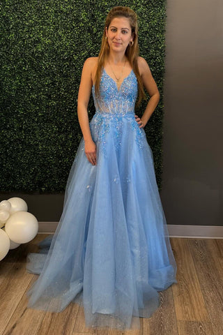Blue Tulle Appliques Lace-Up Long Prom Dress VK23102808
